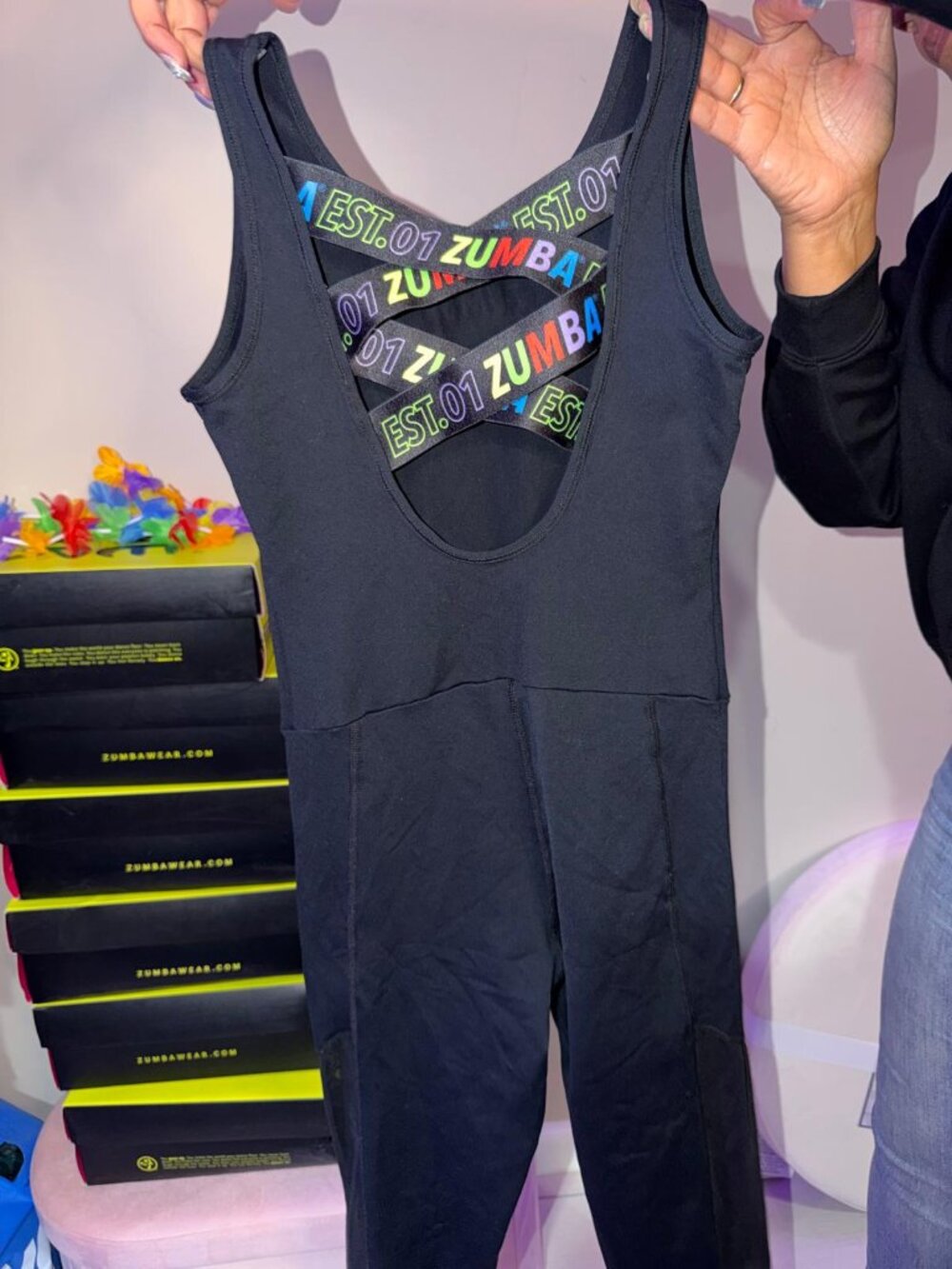 Zumba Wear Black Mesh Jumpsuit Rainbow Crisscross Back – Medium